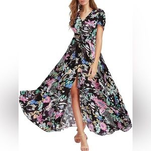 Zara Button Up Floral Print Flowy Maxi Dress